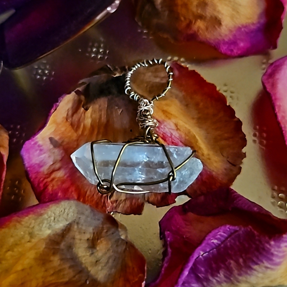 Handmade quartz crystal wire wrap pendant